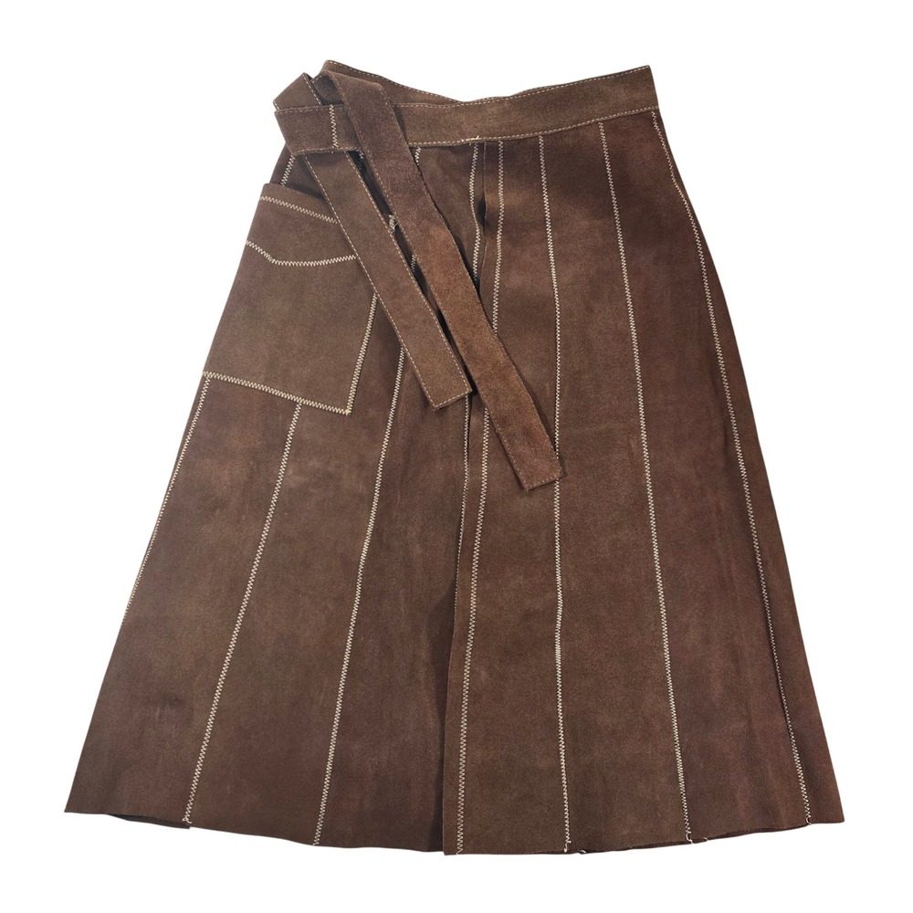 Vintage Suede Wrap Midi Skirt Brown Contrast Stitch 25 Waist Women Western Boho